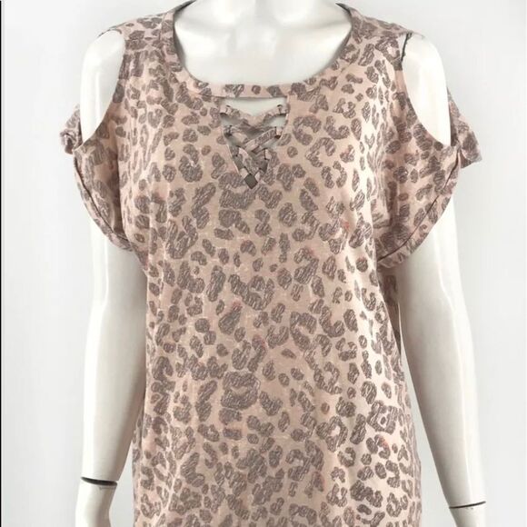 Democracy Top Sz1X Cotton Animal Print Leopard Cold Shoulder 1X / XL - Picture 1 of 5